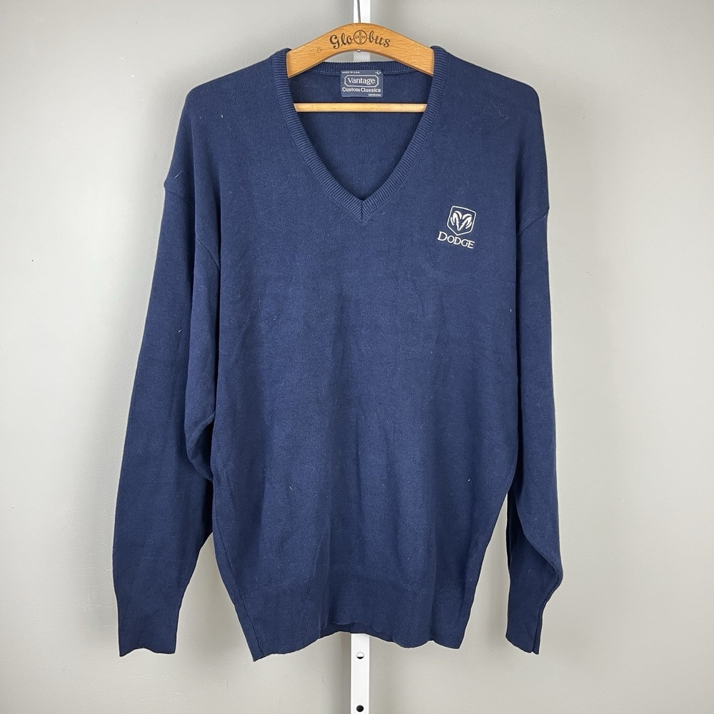 Vintage 80s Vantage Dodge Ram Knit Sweater Mens L Navy‎ Blue V-Neck Pullover